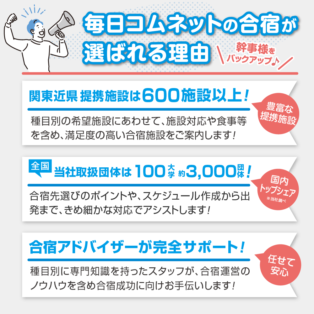 毎日コムネットの合宿が選ばれる理由
