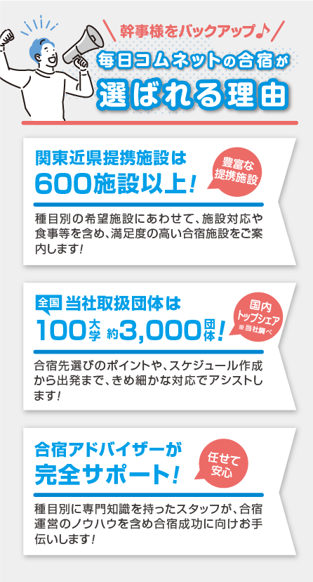 毎日コムネットの合宿が選ばれる理由